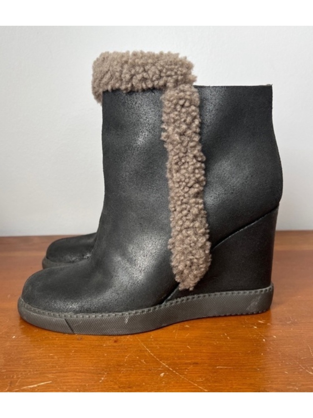 Chloe See By Chloe Black Wedge Ankle Boots with Brown Shearling Trim - US 8